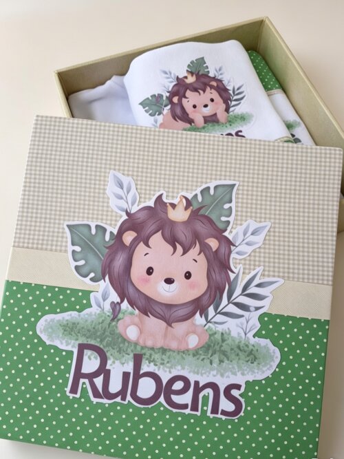 Kit Presente Bebê Personalizado - Body, Babitas e Caixa Exclusiva - Tema Safari