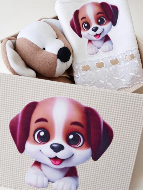 Kit Presente Bebê Personalizado - Naninha, Toalhinha e Caixa Exclusiva - Tema Cachorrinho Fofo