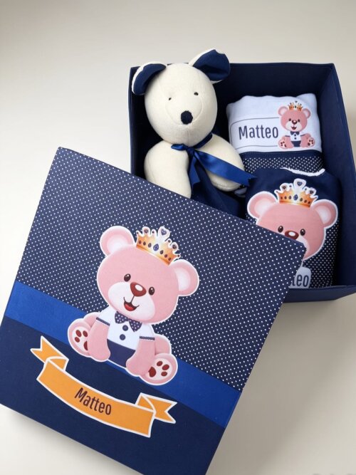 Kit Presente Bebê Personalizado - Naninha, Babeiro, Babita e Caixa Exclusiva - Tema Ursinho Azul Marinho