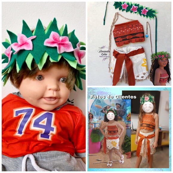 Fantasia Moana Infantil com Coroa de Flores