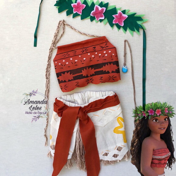 Fantasia Moana Infantil com Coroa de Flores