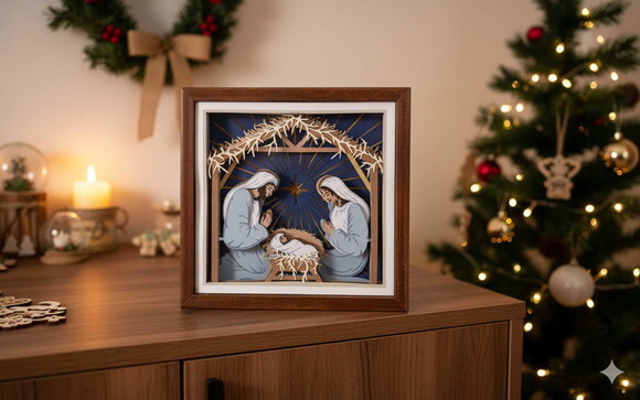 Quadro Presépio com Moldura de Madeira e Vidro