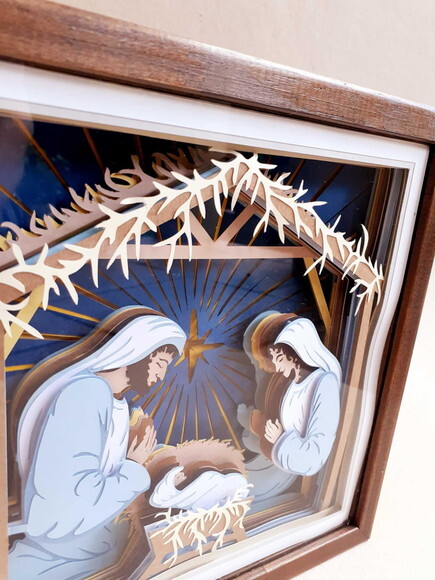 Quadro Presépio com Moldura de Madeira e Vidro