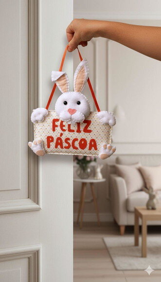 Enfeite de Porta Coelho Feliz Páscoa em Feltro