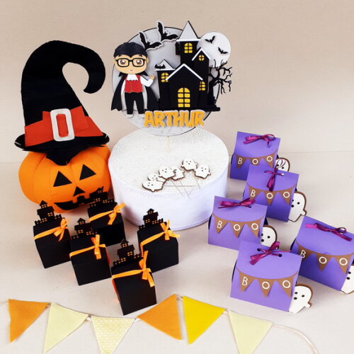 Kit Halloween em Feltro, Papel e Tecido 18 Peças