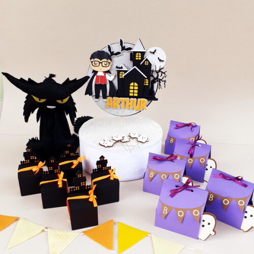 Kit Halloween Gato Preto em Feltro, Papel 18 Peças
