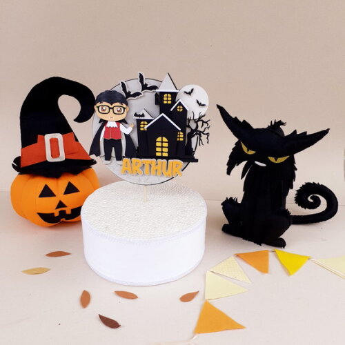 Kit Halloween Gato Preto, Abóbora e Topper