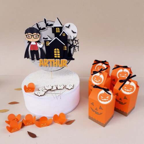Kit Topo de Bolo Halloween, Caixa Milk, Tags e Forminhas 18