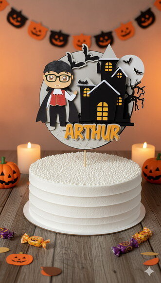 Topo de Bolo Dracula Personalizado Halloween em Camadas