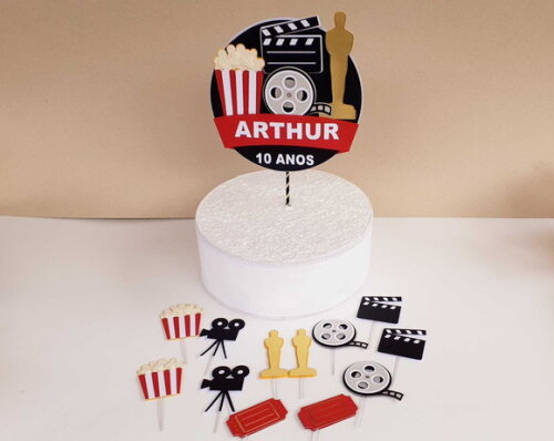 Topo e Mini Topper Cinema Papelaria Personalizada 13 Peças