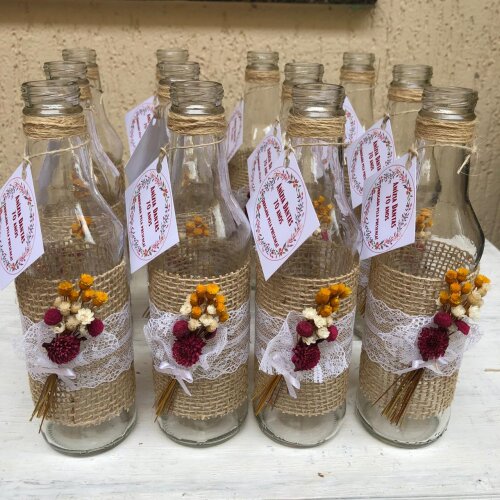 10 Garrafinhas personalizadas Centro de Mesa de juta, renda e flo