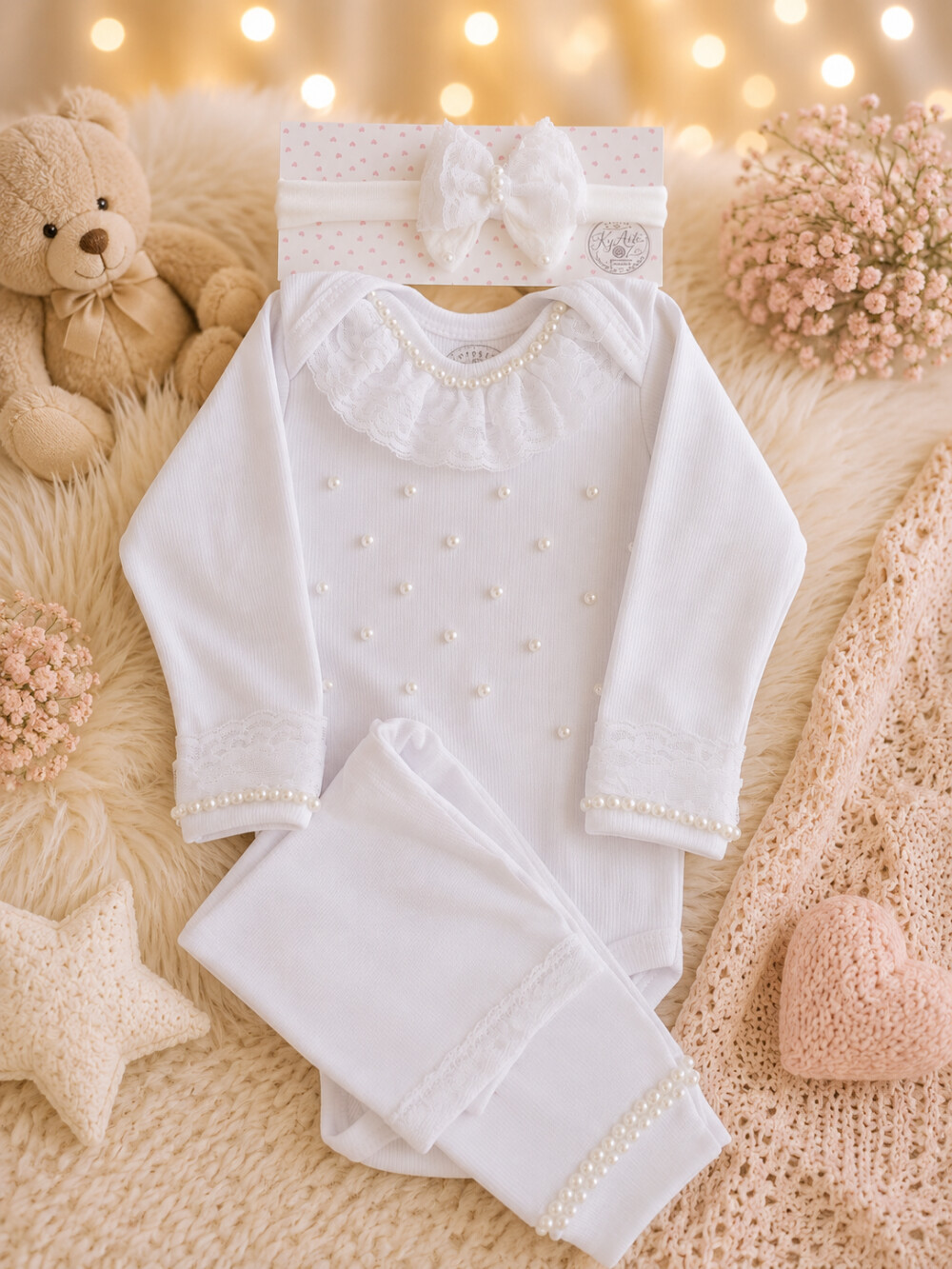 Body Bebê Feminino com Pérolas e Renda + Calça + Faixa de Cabe