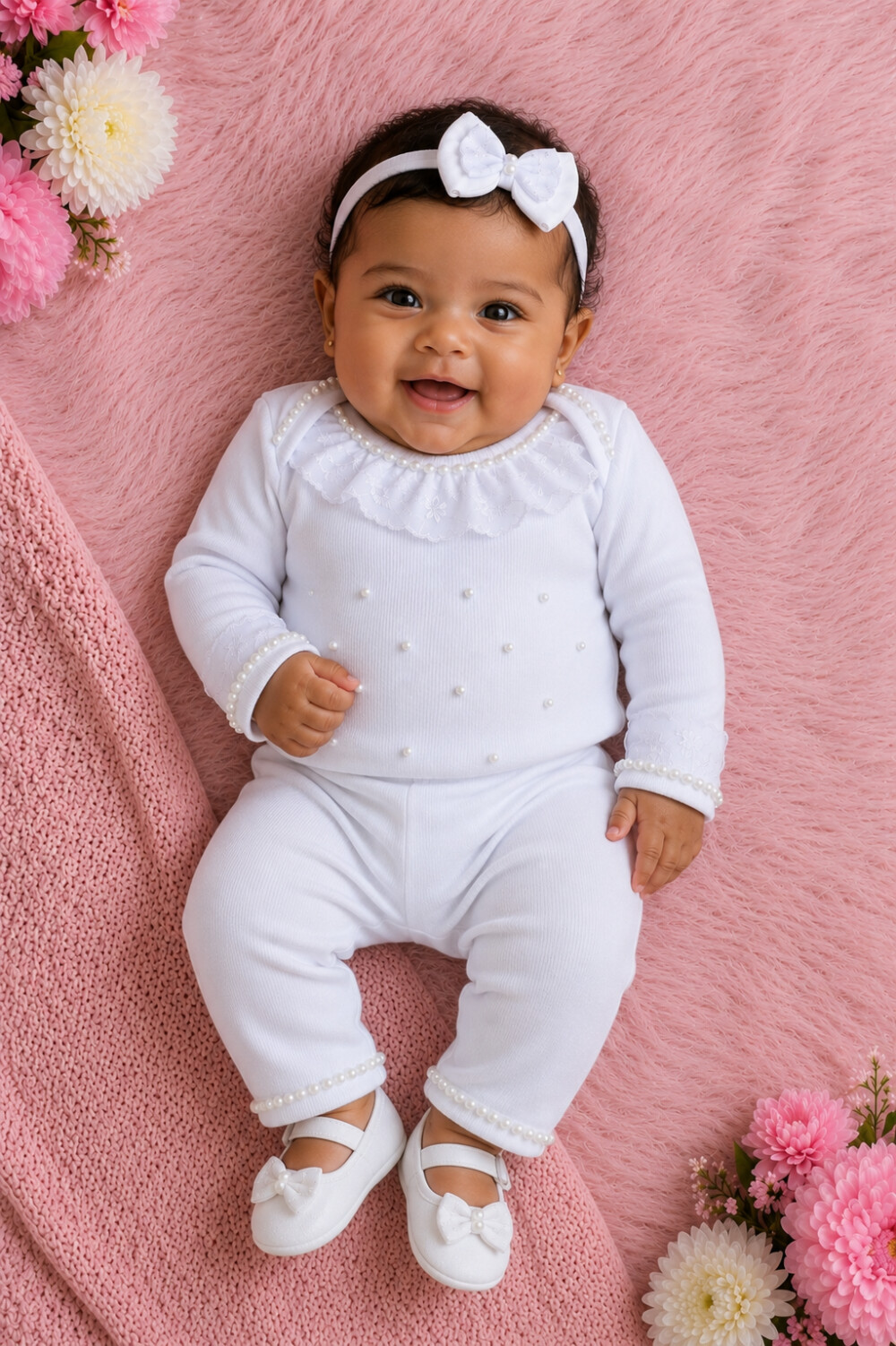 Body Bebê Feminino com Pérolas e Renda + Calça + Faixa de Cabe