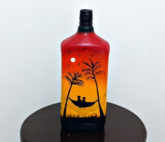 Garrafa Decorada com Pintura Por do Sol