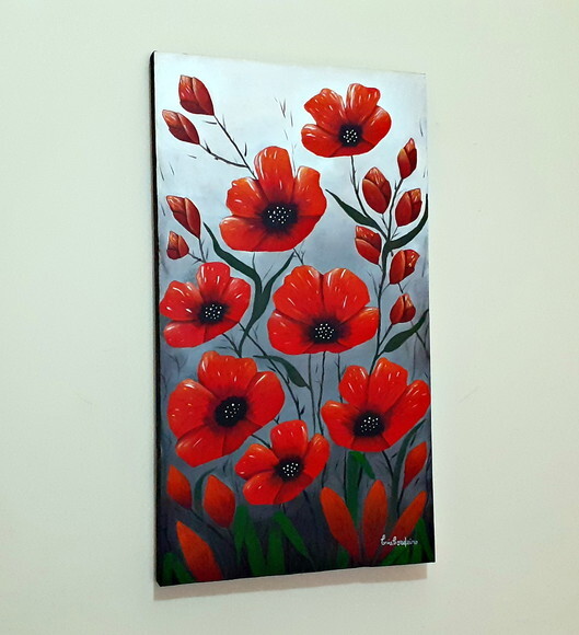 Quadro Pintado a Mão Flores Vermelhas
