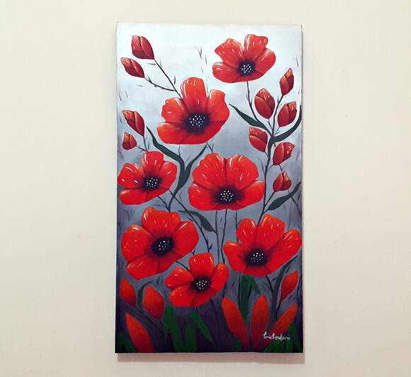 Quadro Pintado a Mão Flores Vermelhas