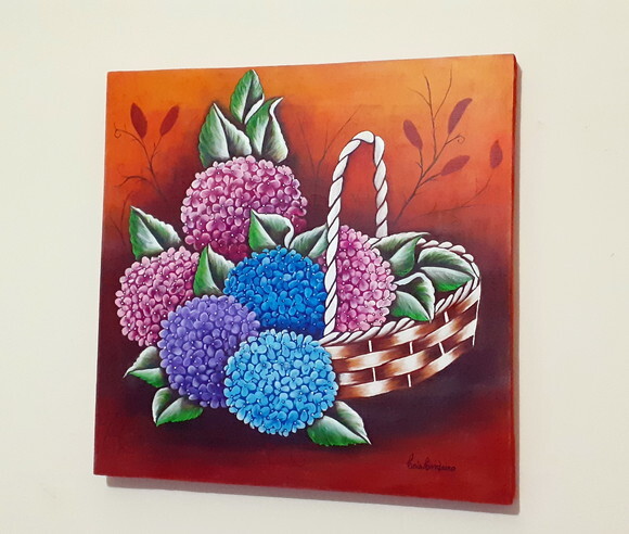 Quadro Pintado a Mão Hortênsias