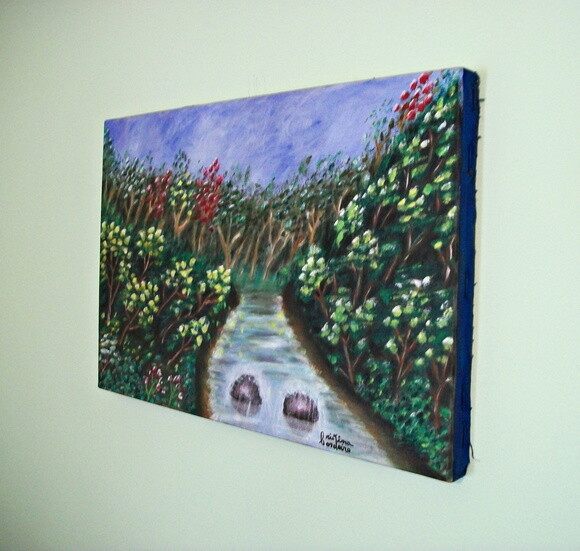 Quadro Pintado à Mão Rio e Ipês