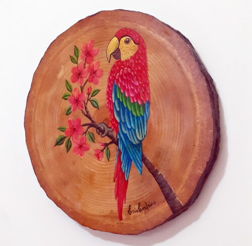Bolacha de Madeira Pintada Á Mão Arara Vermelha