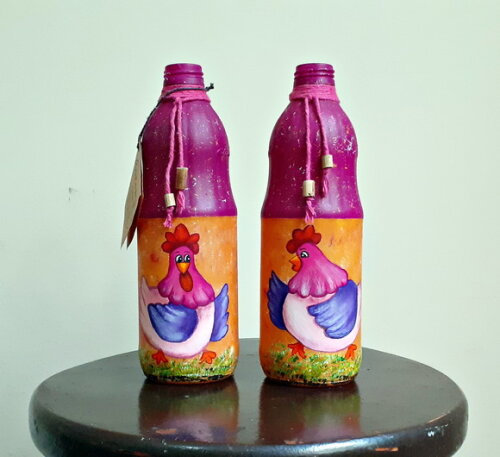 Garrafas Decoradas com Pintura Galinhas