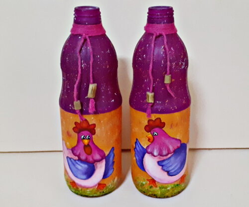 Garrafas Decoradas com Pintura Galinhas