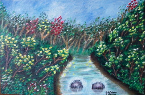 Quadro Pintado à Mão Rio e Ipês