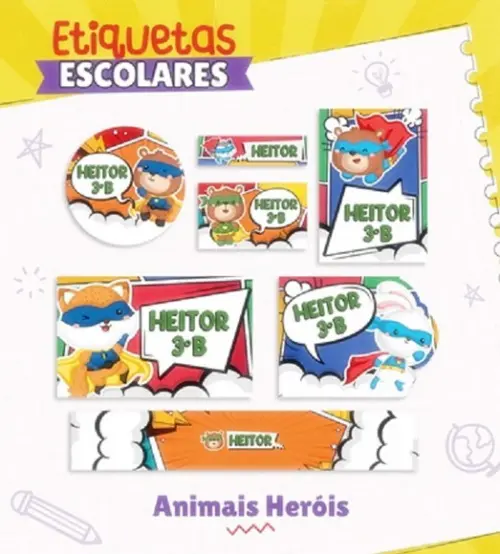 Arquivo Digital Etiqueta Escolar Animais Heróis