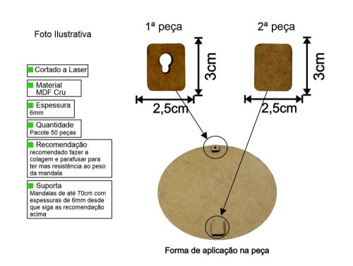kit Gancho P/ Mandala Quadro MDF Cru 6mm Pacote 50 Pares Tamanho 