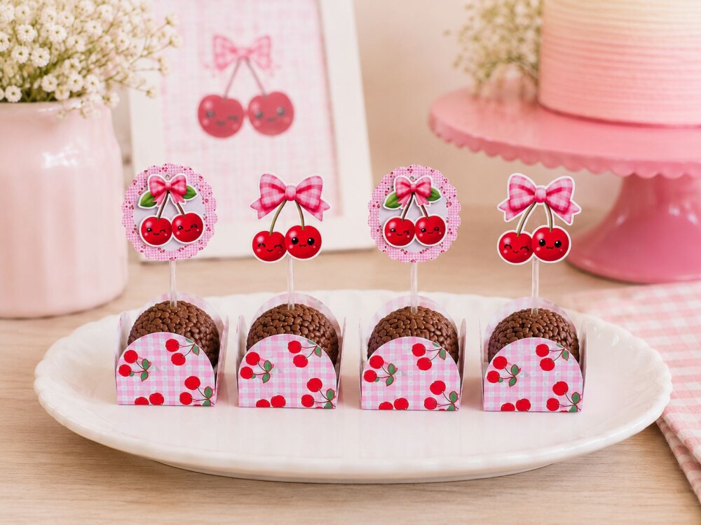 Festa Cereja Toppers para Doces e Forminhas