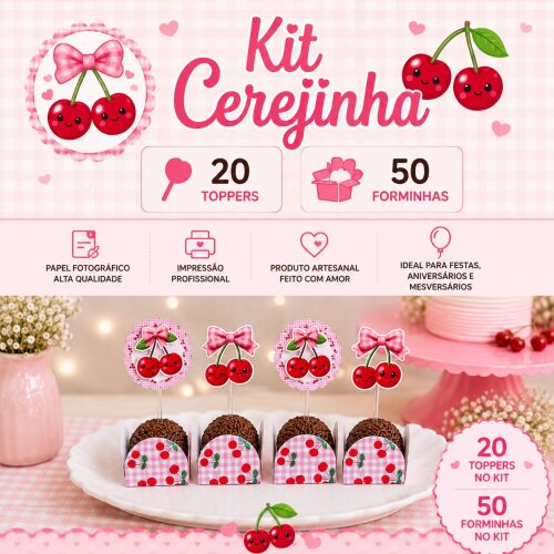 Kit Festa Cereja com 20 Toppers para Doces e 50 Forminhas Personalizadas