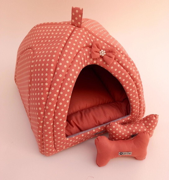 Casinha Iglu para Pets poa 100% algodão 50x50 com 2 peças