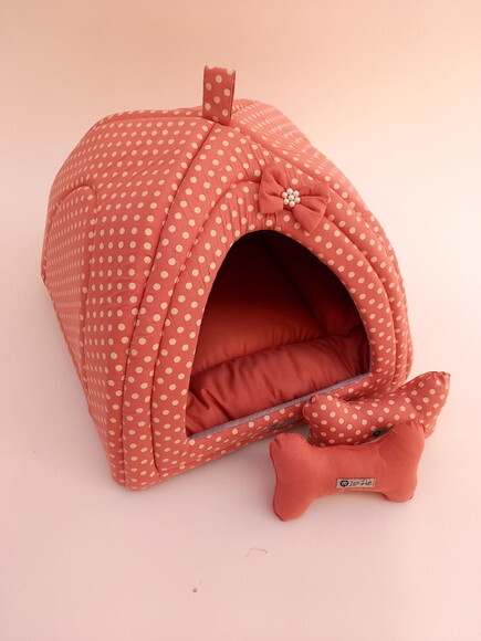 Casinha Iglu para Pets poa rose 50x50 com 2 peças