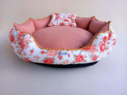Cama Para Pets Redonda Floral Com Poá 80x80