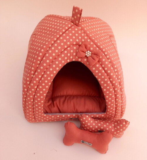 Casinha Iglu para Pets poa 100% algodão 50x50 com 2 peças