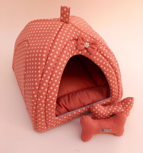 Casinha Iglu para Pets poa 100% algodão 50x50 com 2 peças
