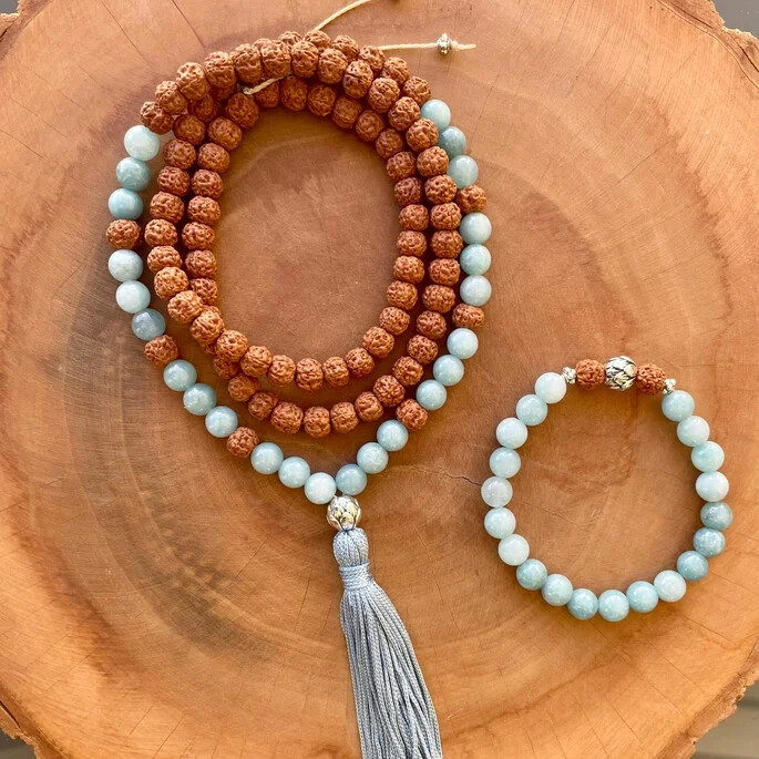Conjunto de Japamala e Pulseira de Amazonita e Rudraksha