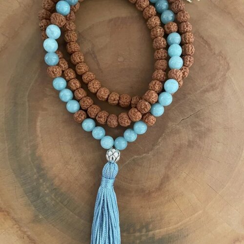 Conjunto de Japamala e Pulseira de Amazonita e Rudraksha