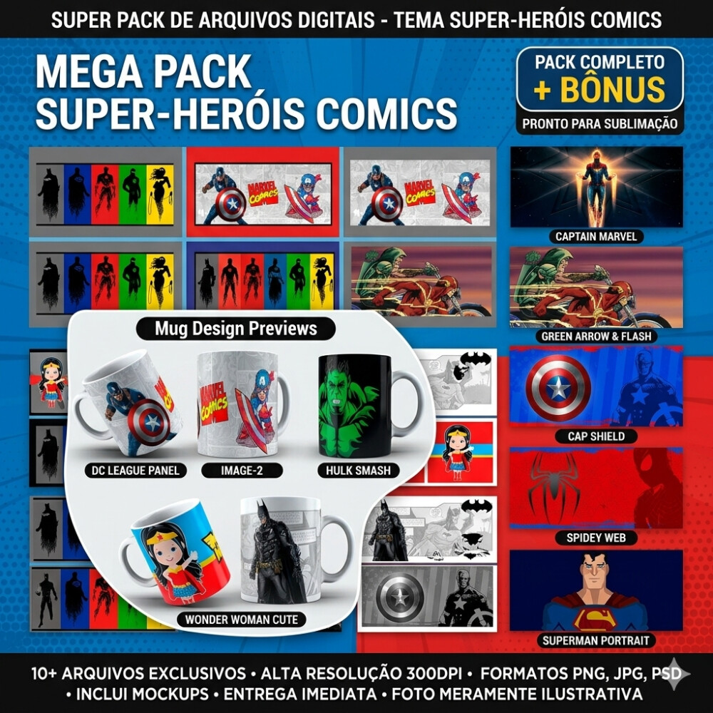 Pack  estampa  de super heróis para canecas+brindes
