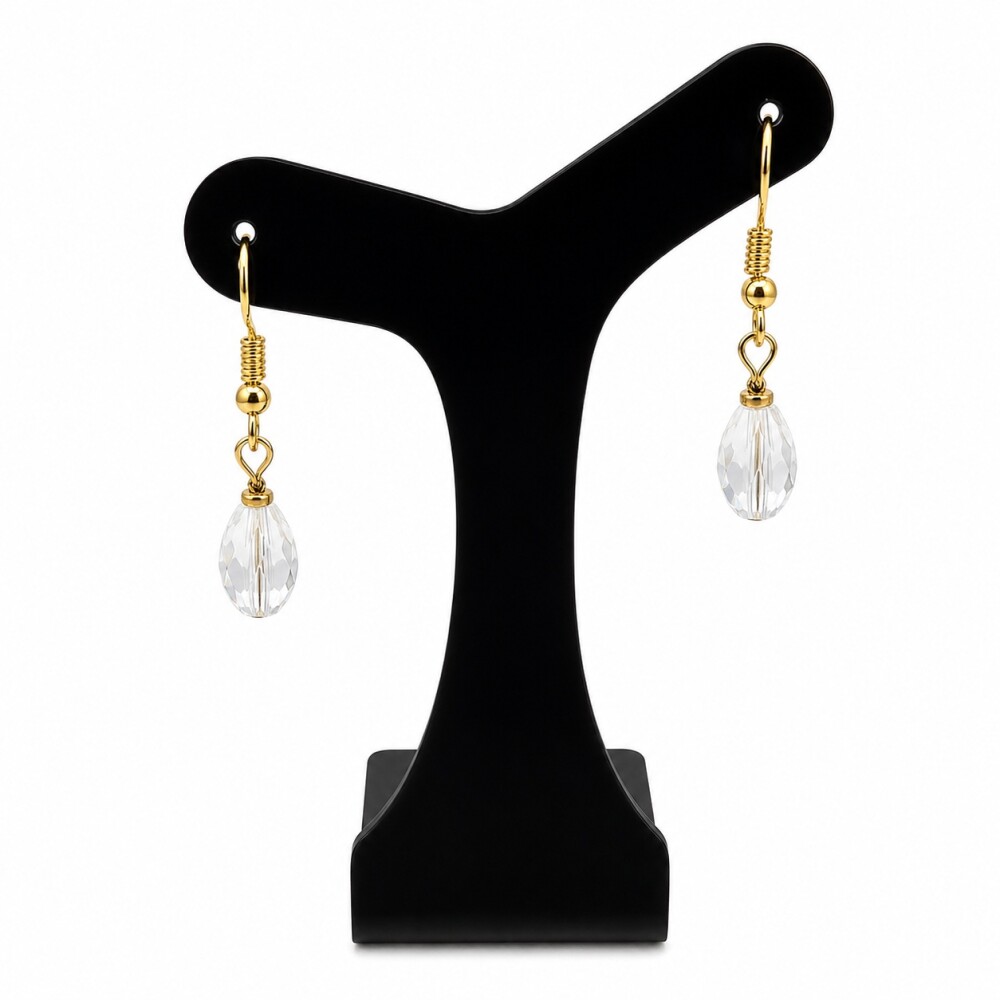 Brinco cristal gota transparente anzol dourado