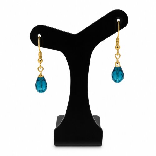 Brinco cristal gota azul cobalto anzol dourado