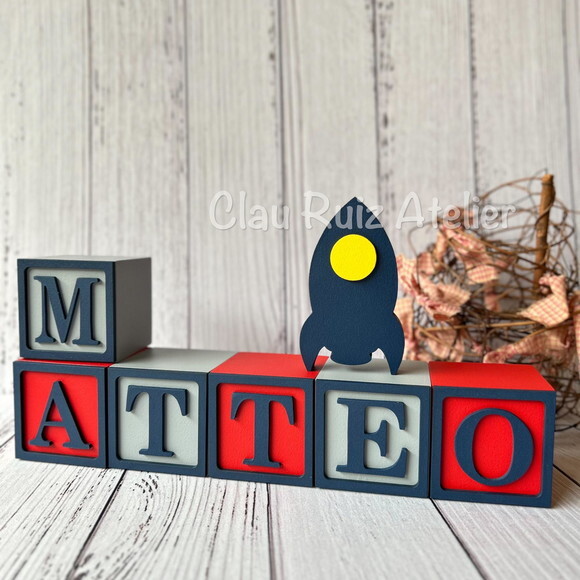 Astronauta Decoração Bebê- Cubos 6x6cm Ts + Foguete