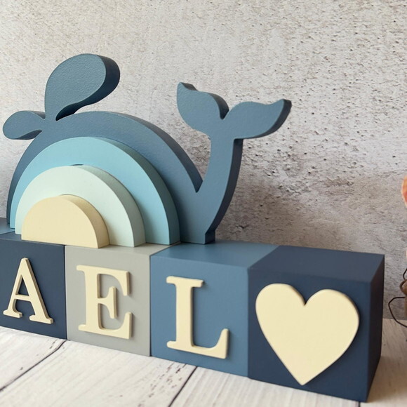 Baleia + Cubos 6x6cm Decoração Bebê Fundo do Mar