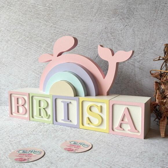 Baleia + Cubos 6x6cm Ts Decoração Bebê Fundo do Mar