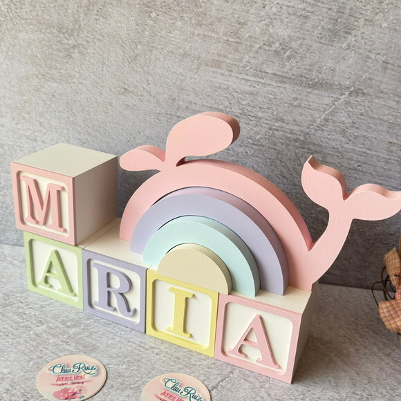 Baleia + Cubos 6x6cm Ts Decoração Bebê Fundo do Mar