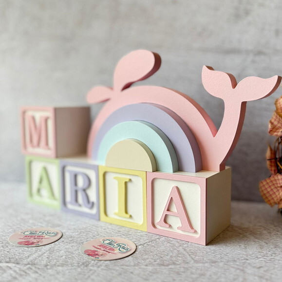Baleia + Cubos 6x6cm Ts Decoração Bebê Fundo do Mar