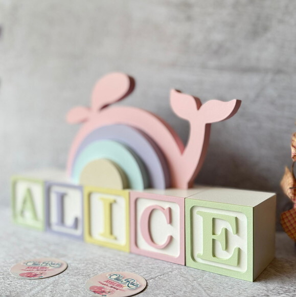 Baleia + Cubos 6x6cm Ts Decoração Bebê Fundo do Mar