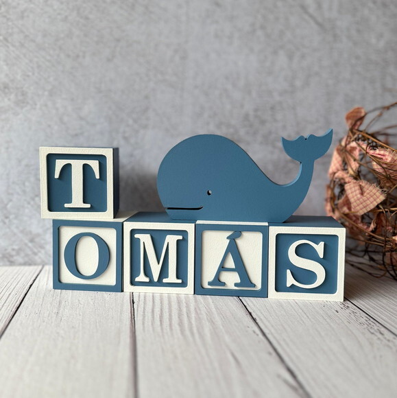 Baleia + Cubos 6x6cm Ts Decoração Bebê Fundo do Mar
