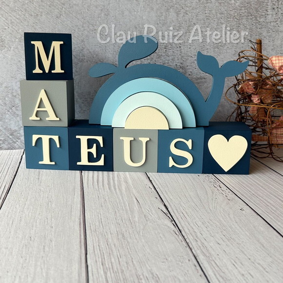 Baleia + Cubos 6x6cm Ts Decoração Bebê Fundo do Mar