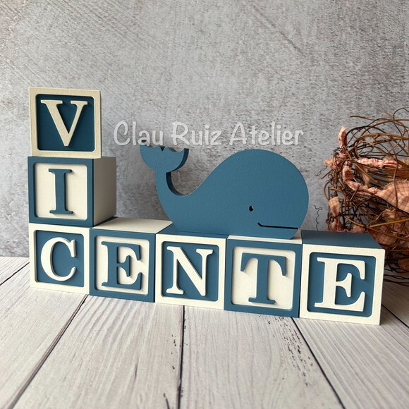 Baleia + Cubos 6x6cm Ts Decoração Bebê Fundo do Mar