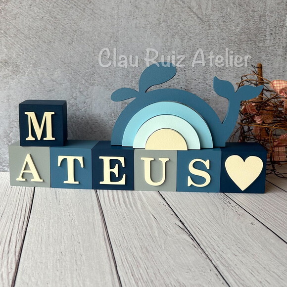 Baleia + Cubos 6x6cm Ts Decoração Bebê Fundo do Mar